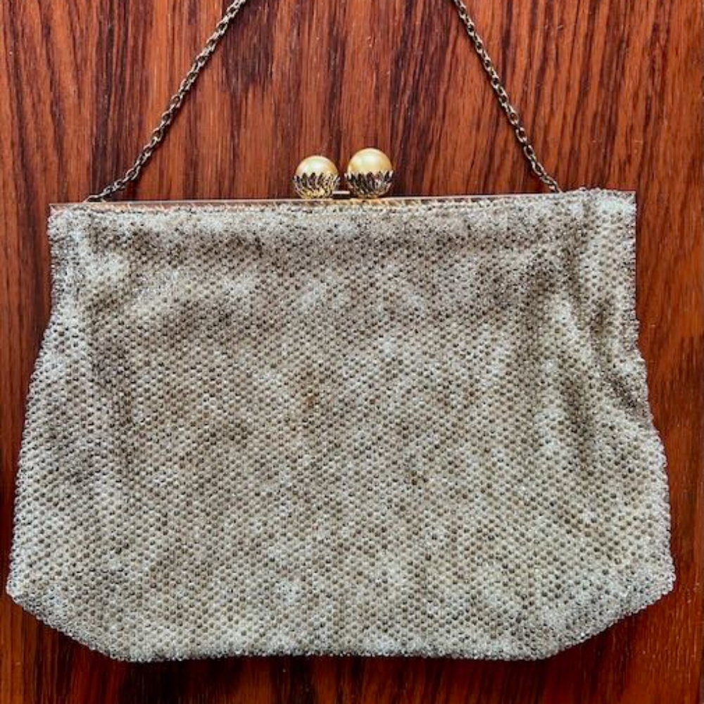 Vintage Leo Miller Platinum & Crystal Beaded Evening Clutch Bag France